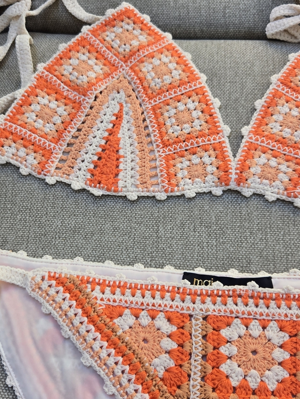 Maje Crochet Triangle Bikini Set in Peach and Cream - Women's Swim - Picture 5 of 10